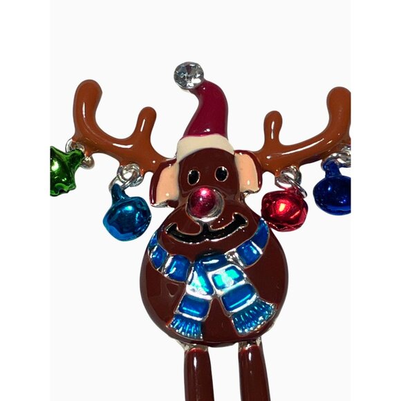 Festive Reindeer Brooch Pin With Colorful Jingle Bells and Santa Hat Design - Picture 2 of 6
